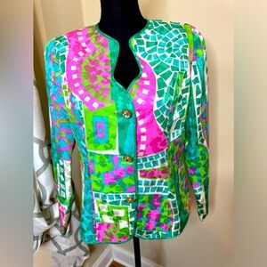Vintage Anne Crimmins for Umi Collections Abstract Print Jeweled Button Blazer